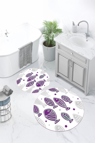 Viyana Home Covoraș de baie rotund cu model de pește, lavabil, cu bază anti-a...
