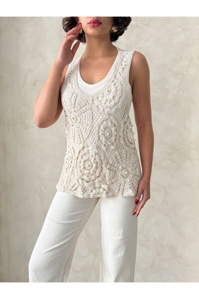 Nil's BUTİK Pearl Detailed Tie Back Knitted Blouse