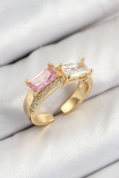 Clariss Brass Zircon Stone Rectangular Model Gold Color Women's Ring