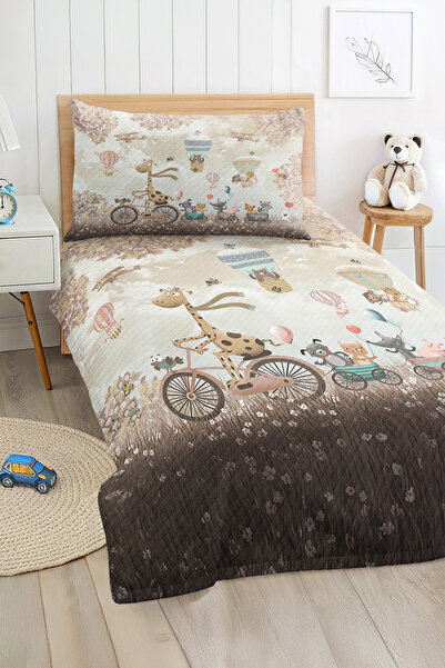 Realhomes Pastel Animals Patterned Beige Girls and Boys Single-Person Pique S...