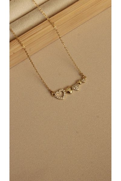 Tişt Accessory Xuping Gold Plated Heart Detailed Zircon Stone Thin Chain Necklace - Does Not Blacken