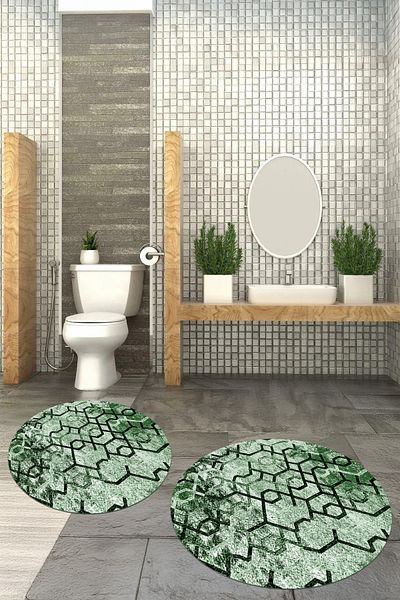 Viyana Home Τυπωμένη αντιολισθητική βάση που πλένεται στρογγυλή πατάκι μπάνιου Σετ τουαλέτας 2 τεμαχίων, Y-KLOZET-144-GREEN,