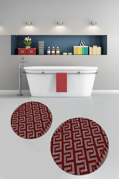 Viyana Home Τυπωμένη αντιολισθητική βάση που πλένεται στρογγυλή πατάκι μπάνιου 2 τεμαχίων σετ τουαλέτας, Y-KLOZET-108-BORDO,
