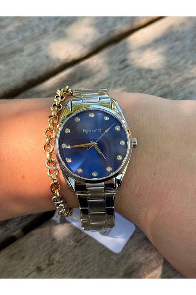 Ferrucci Stylish Steel Cord Waterproof Women's Watch with Silver Color Blue Dial