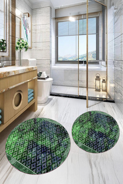 Viyana Home Ψηφιακή εμπριμέ βάση που πλένεται στρογγυλό χαλάκι μπάνιου Σετ 2 ...