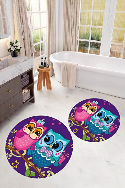 Viyana Home Set de 2 covorașe rotunde pentru baie, lavabile, cu model de bufniță