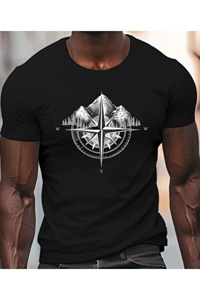 Panda Baskı Tekstil تيشيرت كبير الحجم بتصميم خاص مطبوع عليه بوصلة الجبل