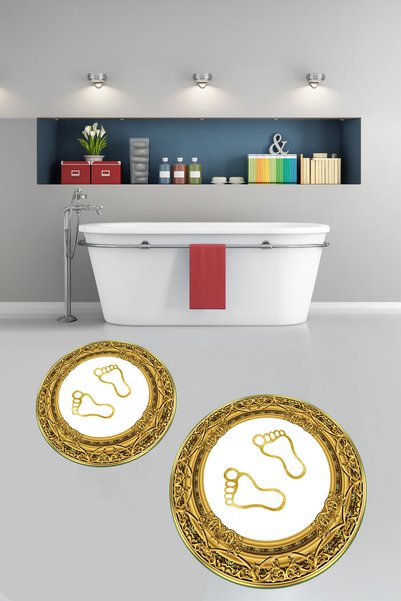 Viyana Home Non-Slip Base Washable Footprint Pattern Round Bathroom Mat Set of 2 Toilet Mats