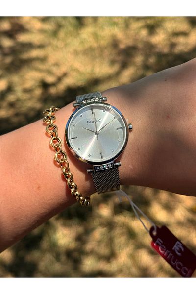 Ferrucci Silver Color Stylish Steel Wire Braided Cord Waterproof Women's Watch