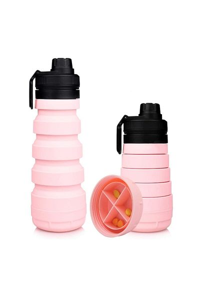Style4Cosy Folding Water Bottle 19.5-26 cm, Silicone Pink, 750 ml, with Storage Compartment, Leakproof, BPA-Fre