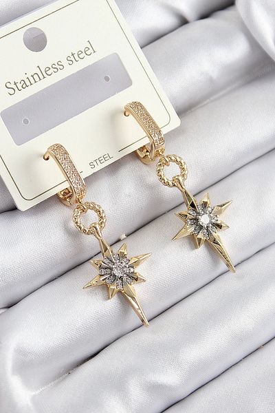 Clariss 316L Steel Zircon Stone Dangle Pole Star Model Gold and Silver Color Women's Earrings