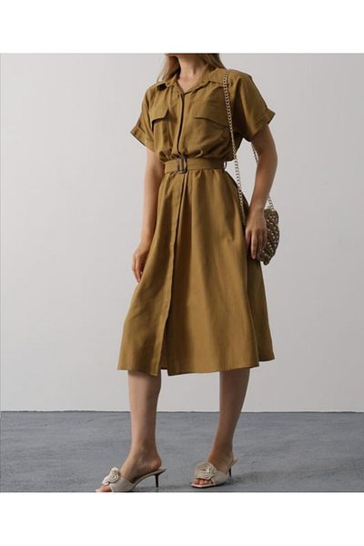 nesli Dress Belt Pocket Detail Office Chic Fat Green Summer Dress Ns*46788