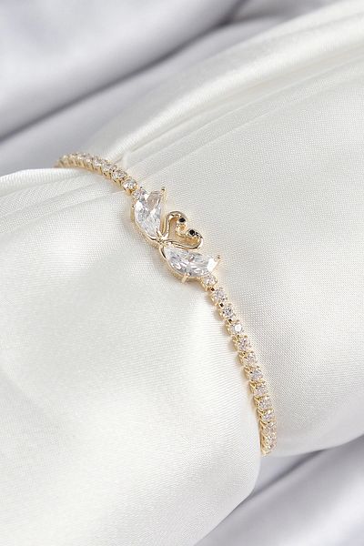Clariss Brass Zircon Stone Swan Model Gold Color Elevator Women's Bracelet
