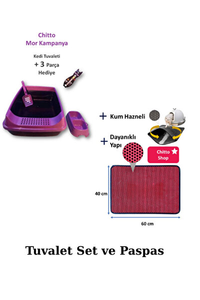 chittoshop ELEKLİ AÇIK KEDİ TUVALETİ MOR SET VE PASPAS