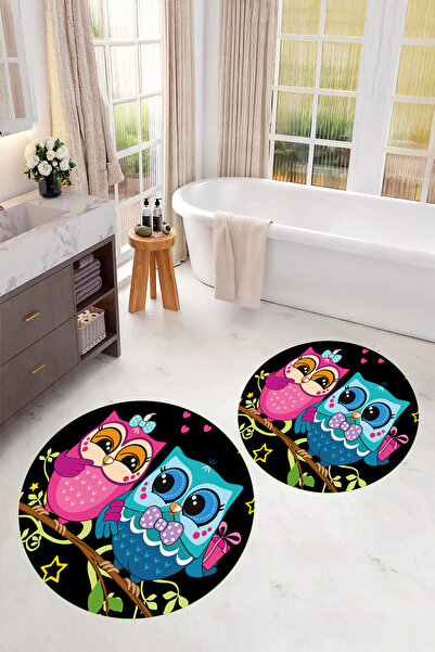 Viyana Home Set de 2 covorașe rotunde pentru baie, lavabile, cu model de bufniță