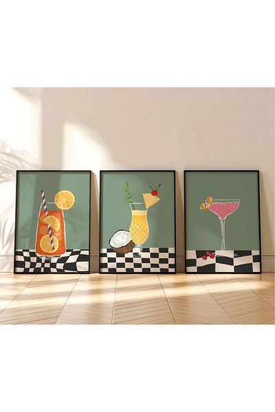 NT Handmade Uv Printing with Natural Wood Frame 3-Piece Cocktails Table Set Modern & Stylish Wall Decor for Kitchen Cafe