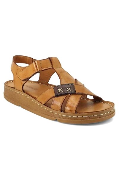 Mammamia 2440 Hakiki Deri Günlük Kadın Sandalet-Taba