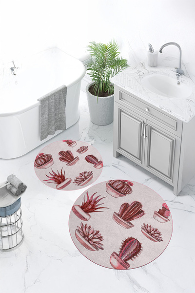 Viyana Home Set de 2 covorașe rotunde pentru baie, lavabile, cu model de cactus