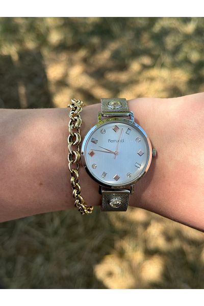 Ferrucci Silver Color Stylish Stone Steel Wire Braided Waterproof Women's Watch