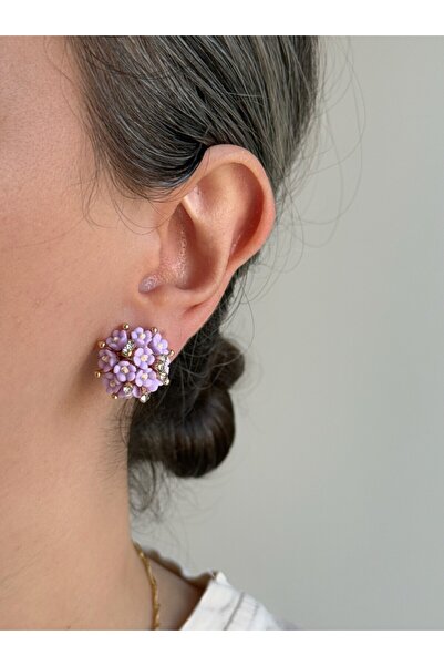 Owentis Lila Mini Çiçekler Demeti Zarif Taşlı Carina Küpe