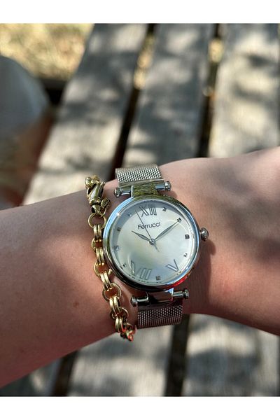 Ferrucci Silver Color Stylish Steel Wire Braided Cord Waterproof Women's Watch