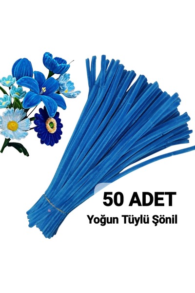 Butik 50 Adet Saks Mavi Şönil, Çiçek Yapımına Uygun Tüylü Tel, 30 Cm 6 mm