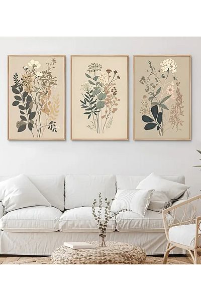 NT Handmade Uv Print with Natural Wood Frame Set of 3 Abstract Floral Pattern Paintings – Modern & Stylish Wall Decor