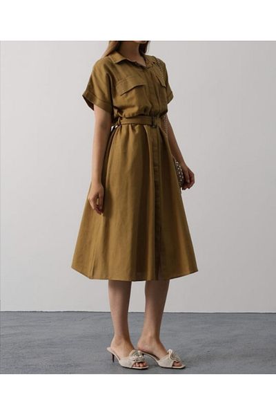 nesli Dress Belt Pocket Detail Office Chic Fat Green Summer Dress Ns*46788