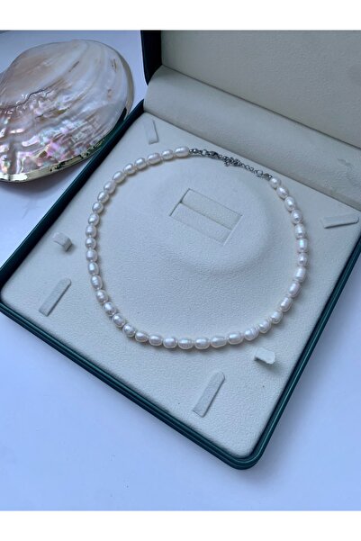 JOVİ ATELİER Sertifikalı 925 Ayar Gümüş Doğal Büyük Arpa İnci Kolye - 40 cm 7...