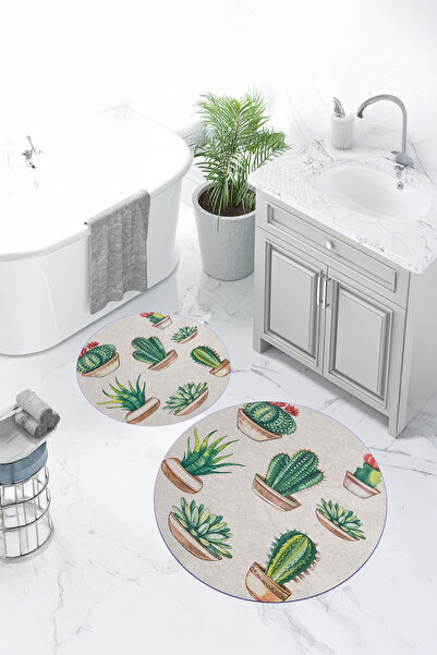 Viyana Home Set de 2 covorașe rotunde pentru baie, lavabile, cu model de cactus