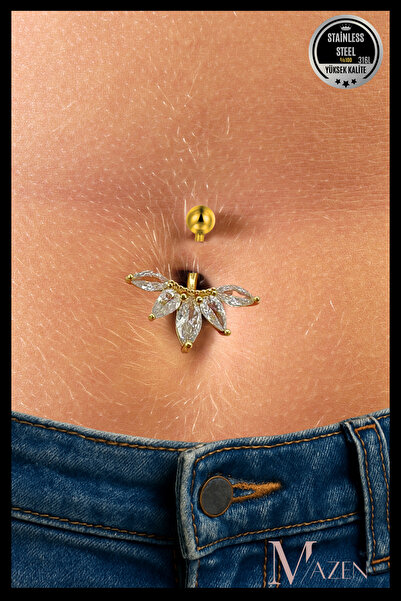MAZEN Yaprak Taş Detaylı Göbek Piercingi | 316L Çelik | Antialerjik | Kararma Solma Yapmaz | Özel Tasarım