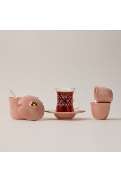 Dallaty Zukhroof pink porcelain and glass Tea and coffee cups set 20 pcs