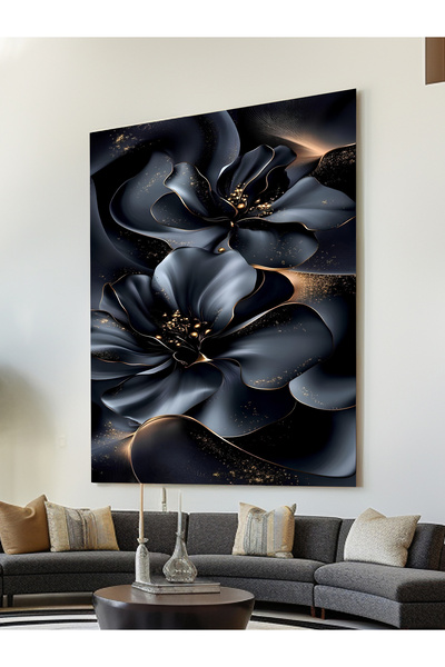 ESLEM SİYAH GOLD DETAYLI MODERN ÇİÇEK KANVAS KANVAS TABLO