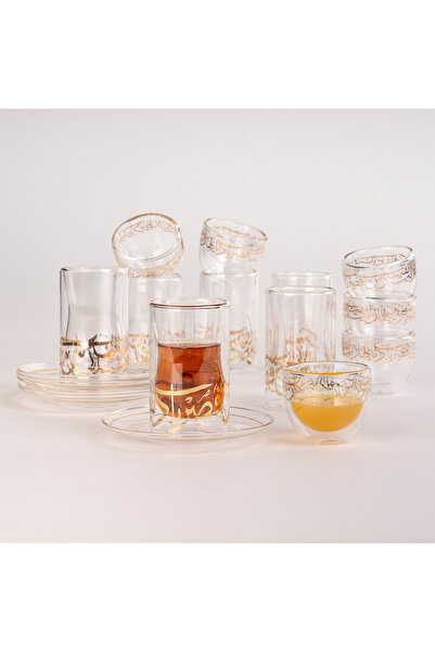Generic 18-Piece Double Wall Glass Arabic Tea and Coffee Set ,Gold Calligraphy 100Ml