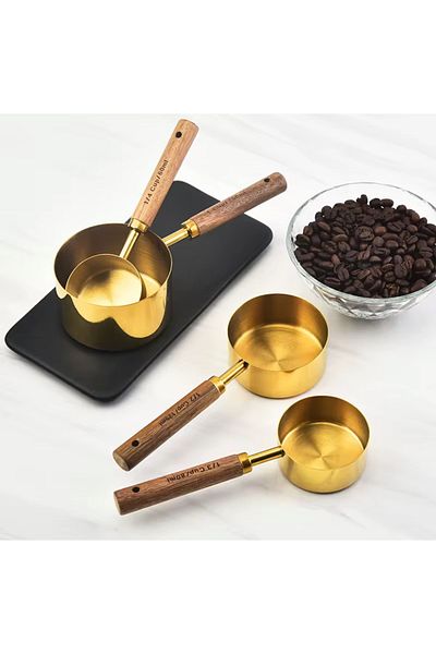 BKC HOME 4Pcs Large Size Stainless Steel Wooden Handle Measure Spoon Set Measuring Cup 60ml 80ml 125ml 250ml