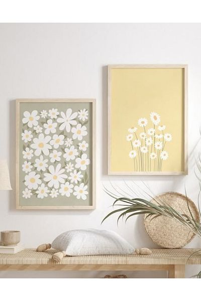 NT Handmade Natural Wooden Framed Uv Printing Set of 2 Daisy Pattern Paintings – Modern & Stylish Wall Decor