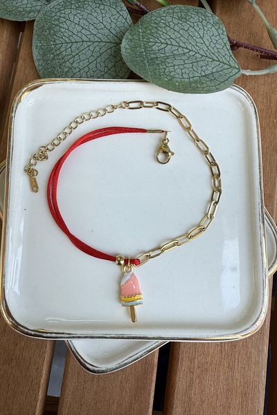 My Joyas Design Steel Red Drawstring Ice Cream Anklet 21+5cm