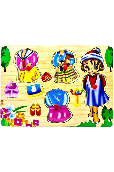 OEM Puzzle din lemn cu mâner, tablă încorporată, 4 piese, Îmbrăcăminte fetiță, 30 x 22 cm