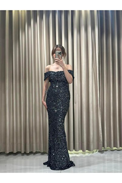 Kaleiçi Yıldızlar Antresit Madonna Yaka Pul Payet Elbise Abiye Elbise |