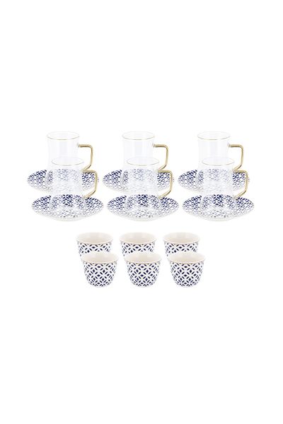 Dallaty white with gold and blue patterns Tea and coffee cups set 18 pcs