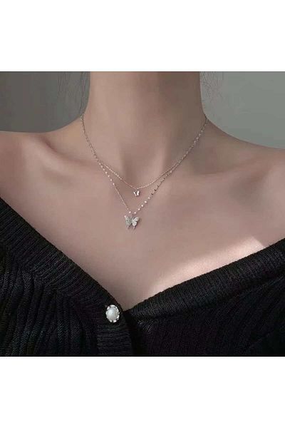 toptanhanem Double Layer Butterfly Figured Women's Necklace – Non-Tarnish Silver Color, Elegant and Stylish Design