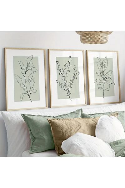 NT Handmade Uv Print with Natural Wood Frame Set of 3 Abstract Leaf Pattern Paintings – Modern & Stylish Wall Decor