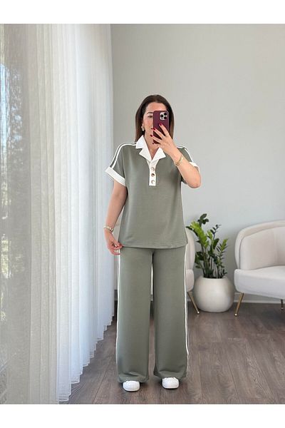 02Lady Fashion Soft Texture Polo Neck Buttoned Modal Fabric Tracksuit Suit