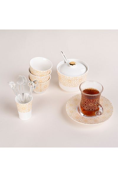 Dallaty Zukhroof white with gold prints Ottoman tea and coffee cups set 28 pcs