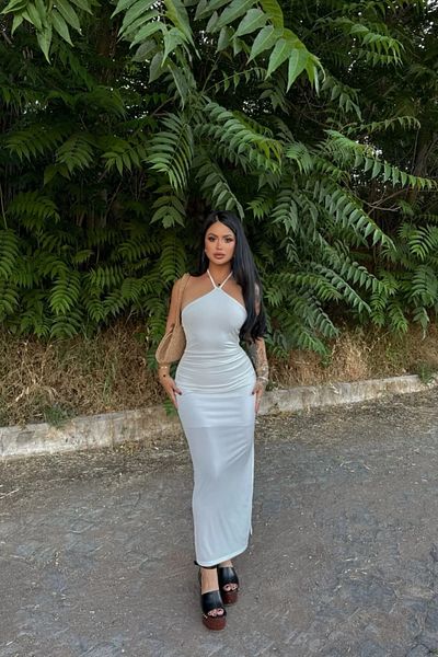 MOZENA Halter Neck Lined Slit Long Dress