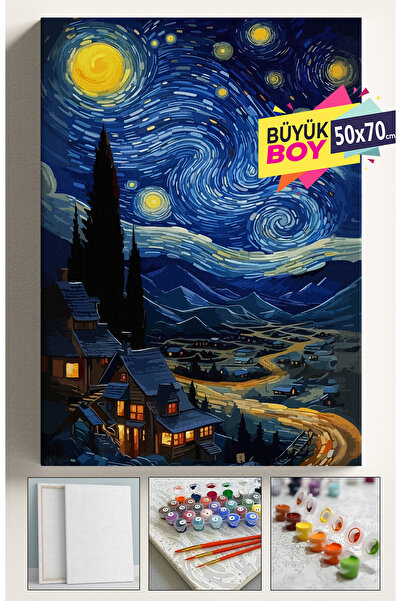 Sulepas Sayılarla Boyama Seti Numaralı Tuval Fırça Boya Dahil Kasnaklı Set 50x70 Cm - YILDIZLI GECE KÖY