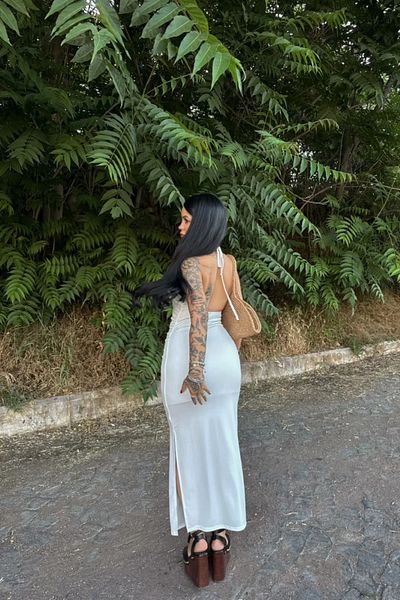 MOZENA Halter Neck Lined Slit Long Dress