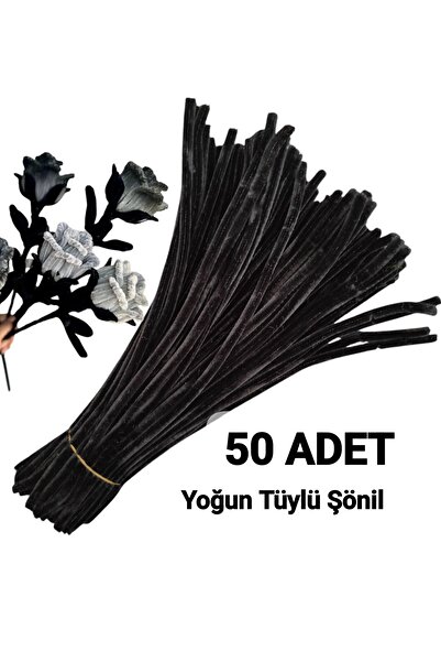 Butik 50 Adet Siyah Şönil, Çiçek Yapımına Uygun Tüylü Tel, 30 Cm 6 Mm