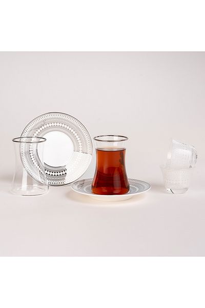 Dallaty white and silver porcelain and glass Tea and coffee cups set 18 pcs