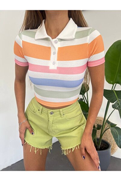 hiraz fashion بلوزة نسائية مخططة بياقة بولو من القماش الملتوي الرقيق